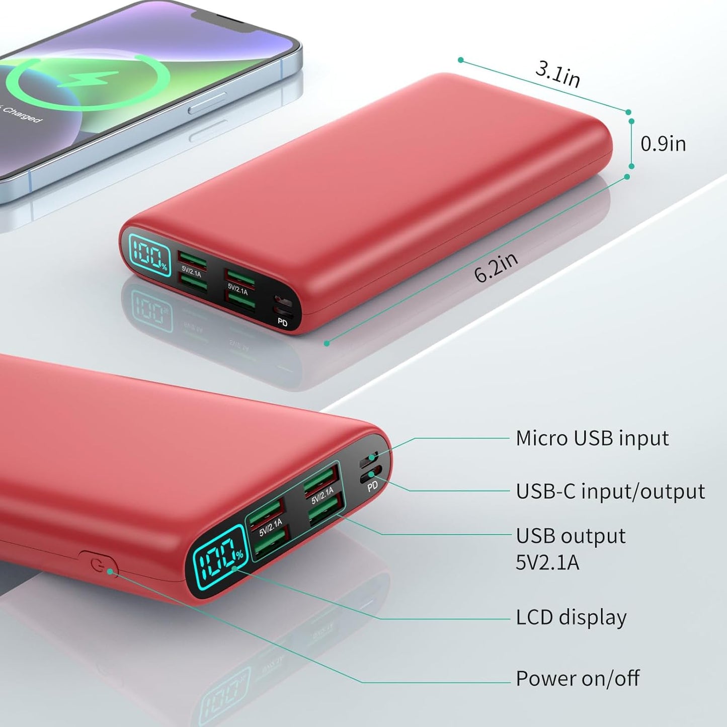 Portable Charger 38800mAh,LCD Display Power Bank,5 USB Outputs Battery Pack Backup,USB-C in&out Dual Input Phone Charging Compatible with iPhone 16/15/14/13 Pro,Android Samsung Galaxy Pixel Nexus-Red