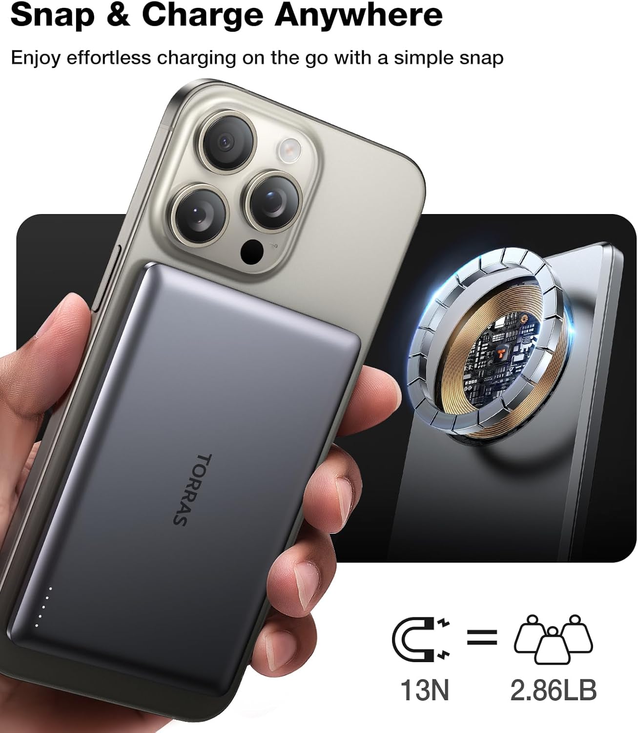 TORRAS MiniMag Power Bank, Ultra Slim 5,000mAh Wireless Portable Charger with USB-C Cable, Fast Charging Magnetic Battery Pack, Magsafe-Compatible for iPhone 16/15/14/13/12, Glacier Gray
