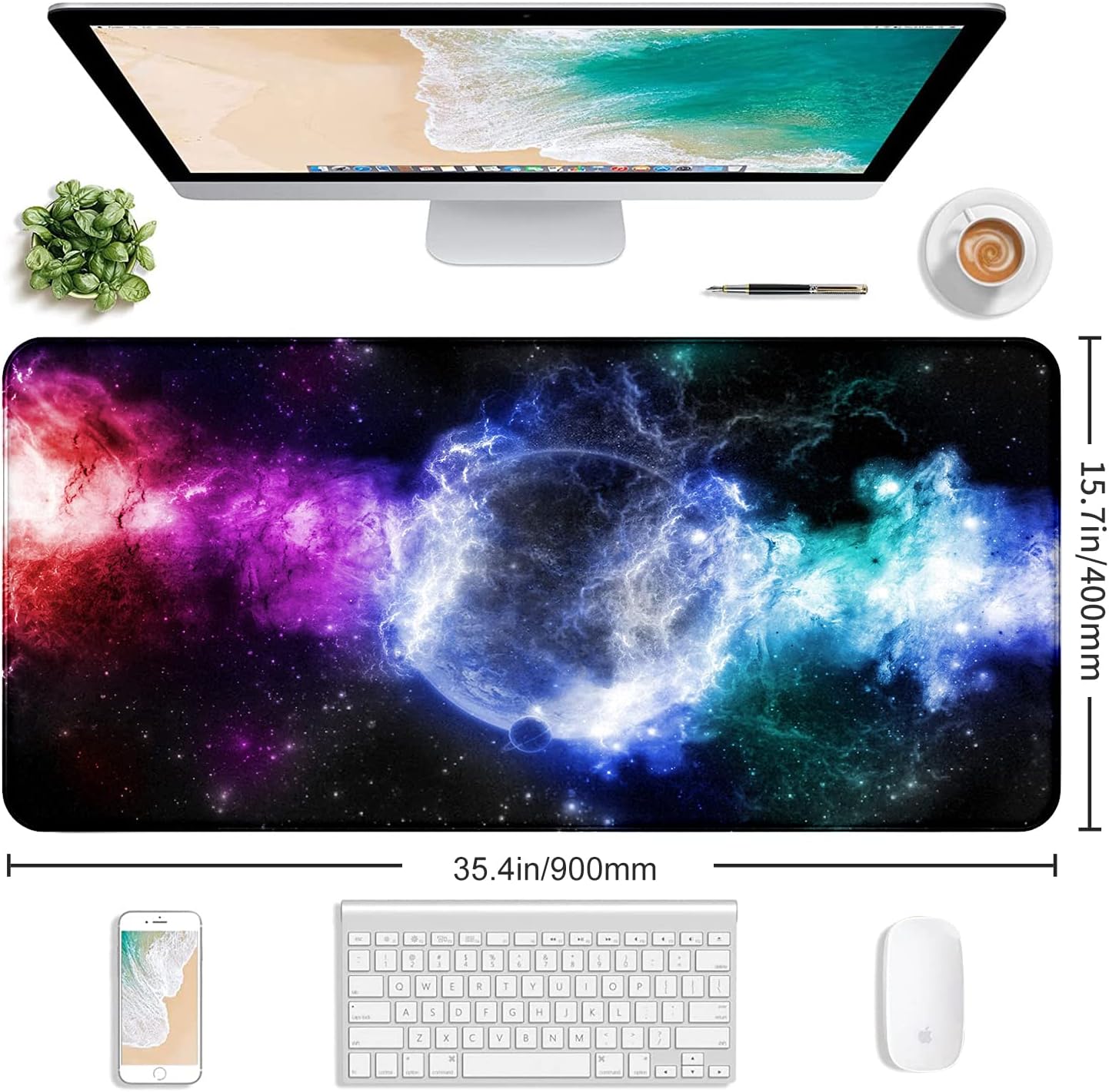 Large Extended Gaming Mouse Pad with Stitched Edges, Non-Slip Waterproof Rubber Base Mouse Pad for Office, Computer, Keyboard, Laptop and Home Desk Pad 35.4 x 15.7 x 0.12 Inch (Nebula Starry Sky)
