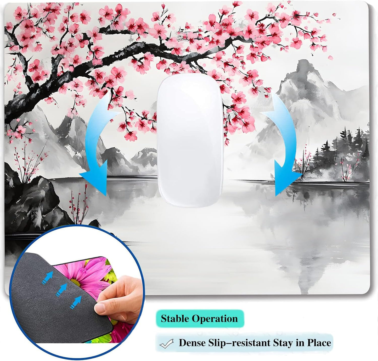 Watercolor Cherry Blossom Japanese Custom Mouse Pad with Non-Slip Rubber, Small Square Design for Wireless Laptop & Computer Mouse Pads for Desk, 9.5 x 7.9 inch Smooth Surface for Gaming & Office