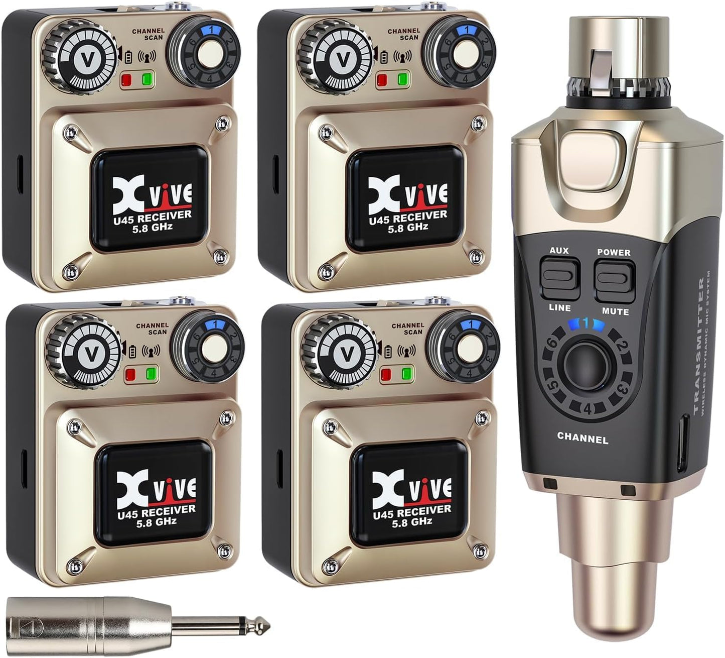 Xvive U45R4 Wireless in Ear Monitor System 5.8ghz IEM System 1 Transmitter and 4 Bodypack Receiver for Studio, Band Rehearsal, Live Performance, Channel Scan Mode