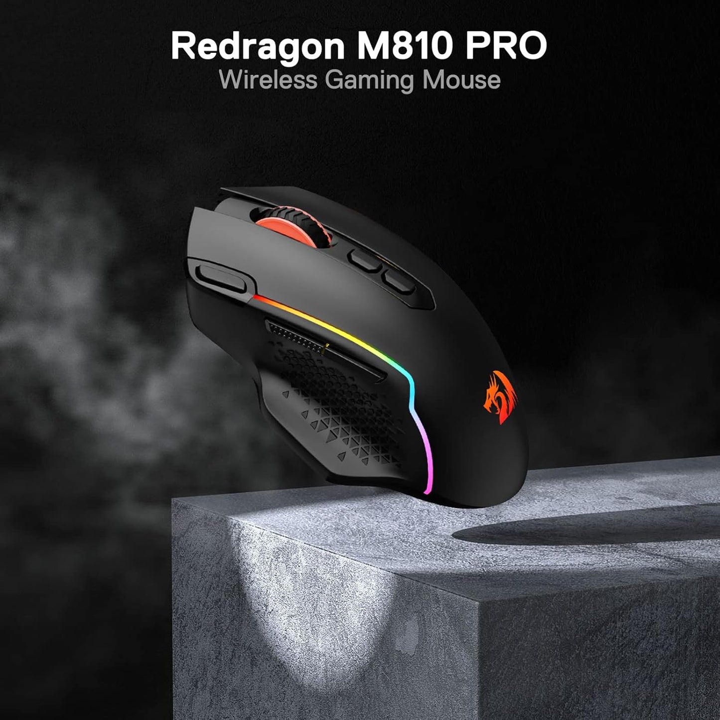 Redragon M810 Pro Wireless Gaming Mouse, 10000 DPI Wired/Wireless Gamer Mouse w/Rapid Fire Key, 8 Macro Buttons, 45-Hour Reliable Power Capacity and RGB Backlit for PC/Mac/Laptop