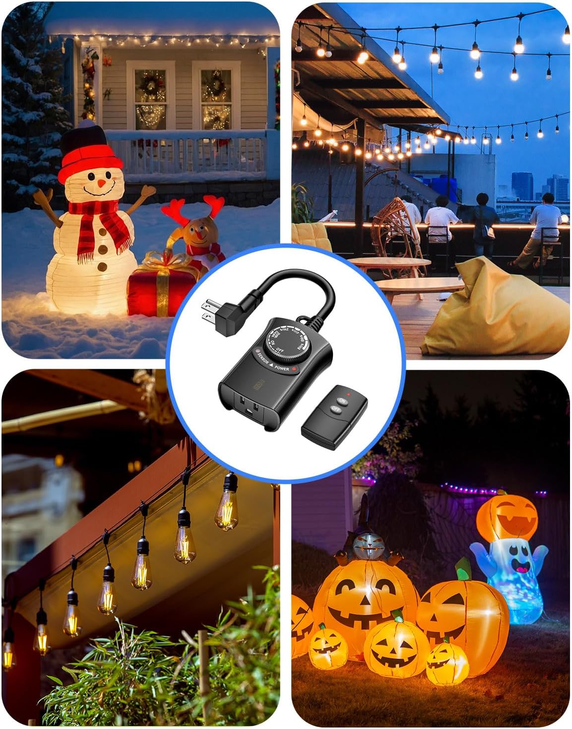 HBN Outdoor Light Timer with Remote Control, Waterproof Light Sensor Timer, 100 ft Wireless Range, 1 Grounded Outlet for Christmas Lights, 15A 1/2HP Heavy Duty