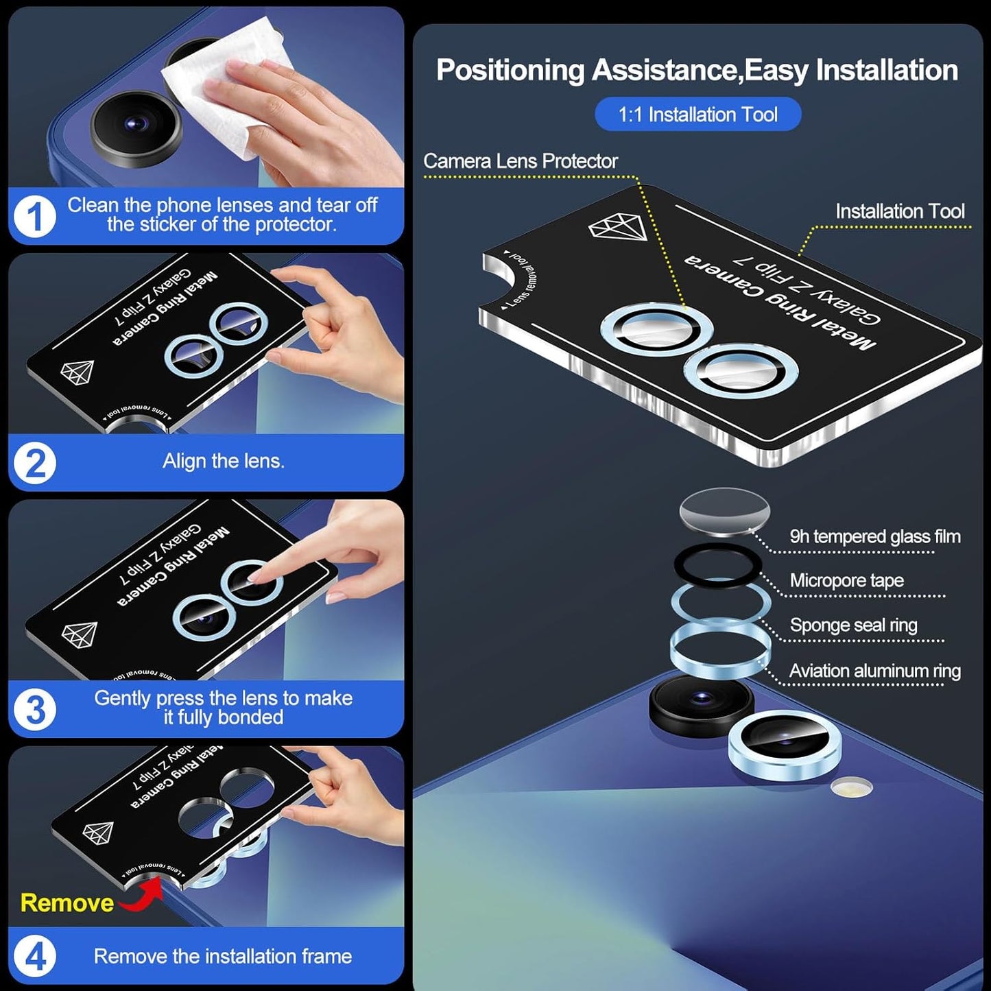 for Samsung Galaxy Z Flip 7 Camera Lens Protector, Individual Metal Ring Tempered Glass Lens Cover, [Strong Adsorption] Scratch Resistant Ultra-Thin HD Clear Lens Cover, 1 Set-Blue