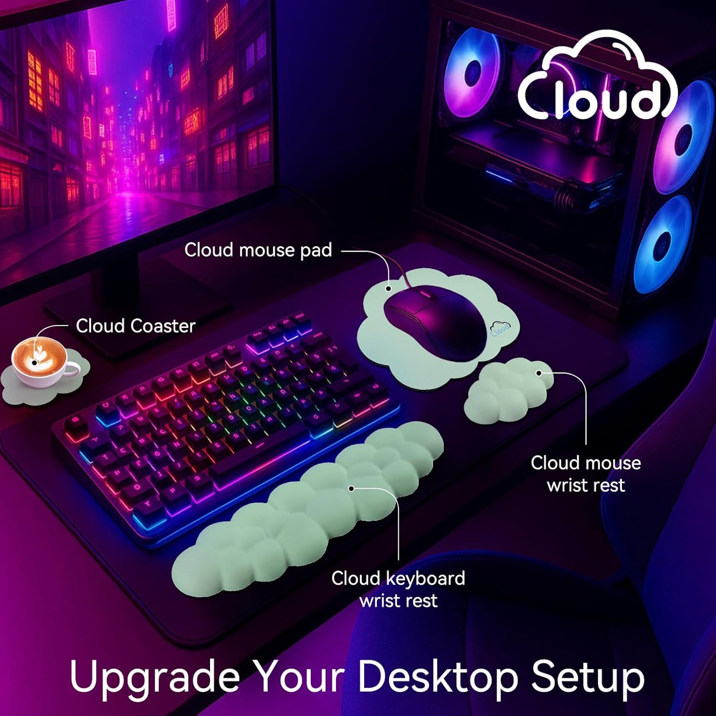 Cloud Wrist Rest for Computer Keyboard, 4-in-1 Memory Foam Leather Cloud Keyboard Wrist Rest and Mouse Pad Set with Ergonomic Support for Arm and Palm Cushion, Gaming/Work Setup, Light Green