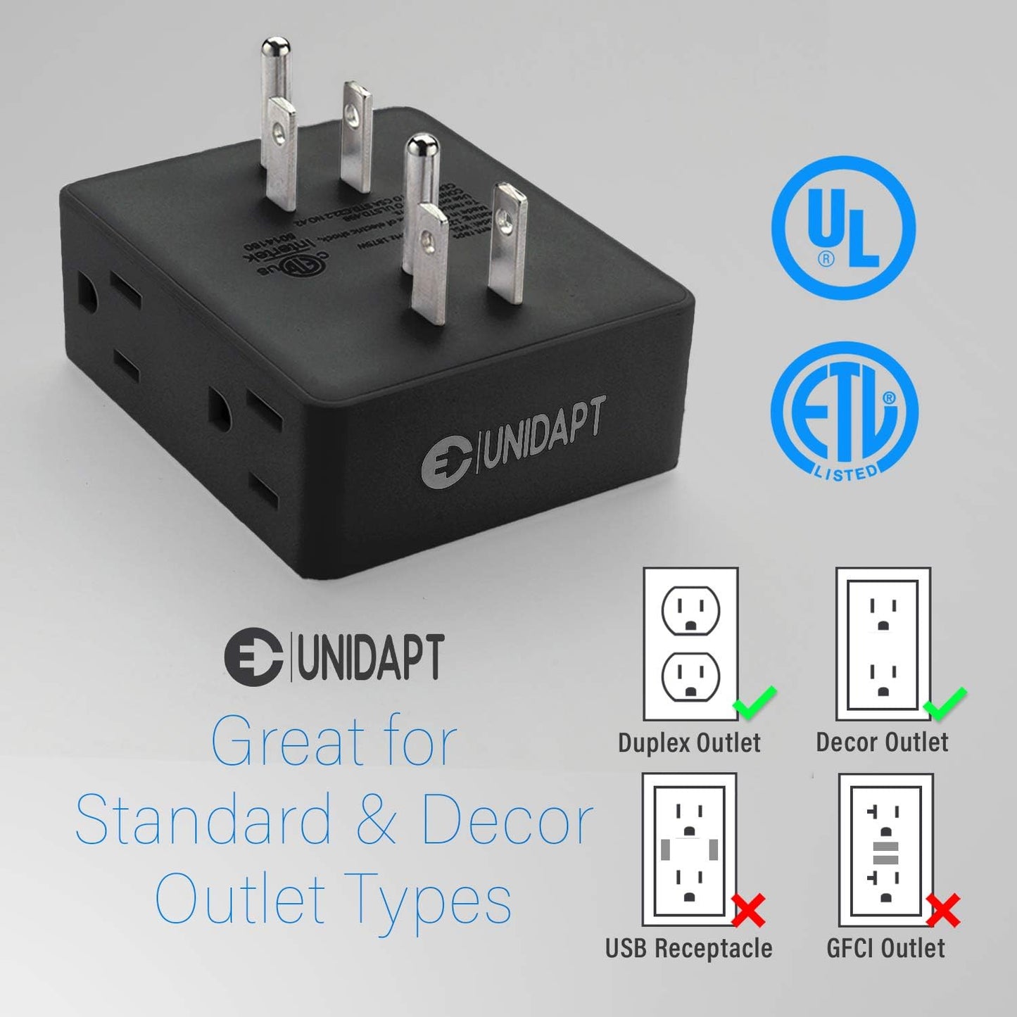 Multi Plug Outlet Splitter, Unidapt Multiple Outlets Extender Adapter with 6 AC Sockets, Side Splitter Box, Wall Power Plug Expander for Home Hotel Office Dorm Essentials, 2-Pack (Black)