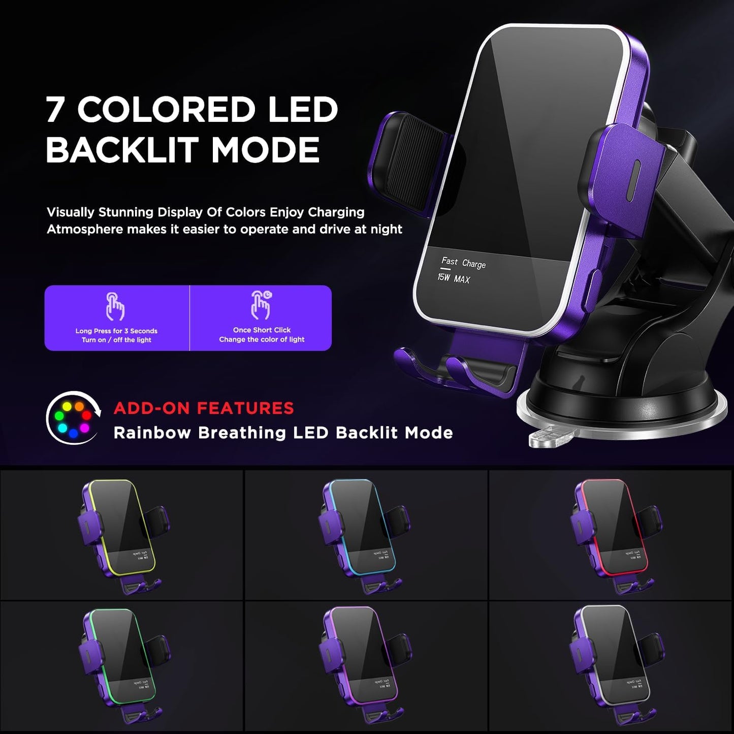 Wireless Car Charger,【7 Colored RGB Backlit】15W Auto Clamping Car Charger Phone Mount Holder for iPhone 16 15 14 13 12 Mini Pro Max 11, Samsung Galaxy S24 Ultra S23 S22 S21+ S10+ Note 20, etc - Purple