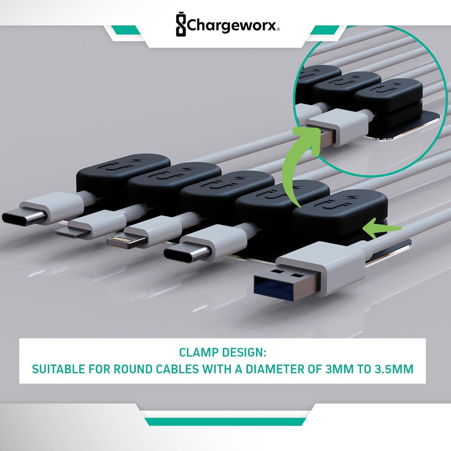 ChargeWorx Pack of 5 Magnetic Cable Clips, Cord Organizer for Office Desk, Nightstand, Car, or Wall, Adhesive Wire Holder for USB-C, Micro-USB, and Lightning Cables, Magnet Clips for Cable Management