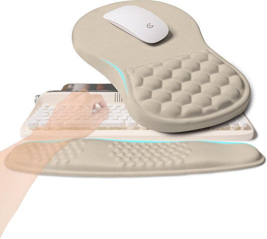 2-in-1 Ergonomic Set, Wave Rise Keyboard Wrist Rest and Massage Bulge Slope Mouse Pad Wrist Support, Cushion Memory Foam Integrated to Relieve Wrist Pain, Apricot