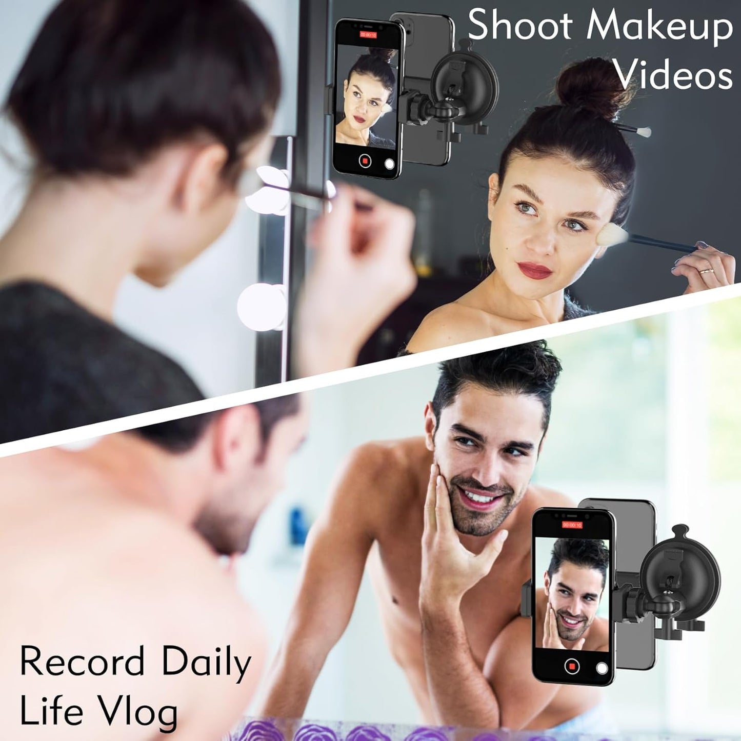 Shower Mirror Phone Holder, Suction Cup Mirror Phone Mount for Shower Mirror Bathroom Glass Kitchen Tile, TikTok YouTube Instagram Make Up Vlog Video Content Creator Essentials