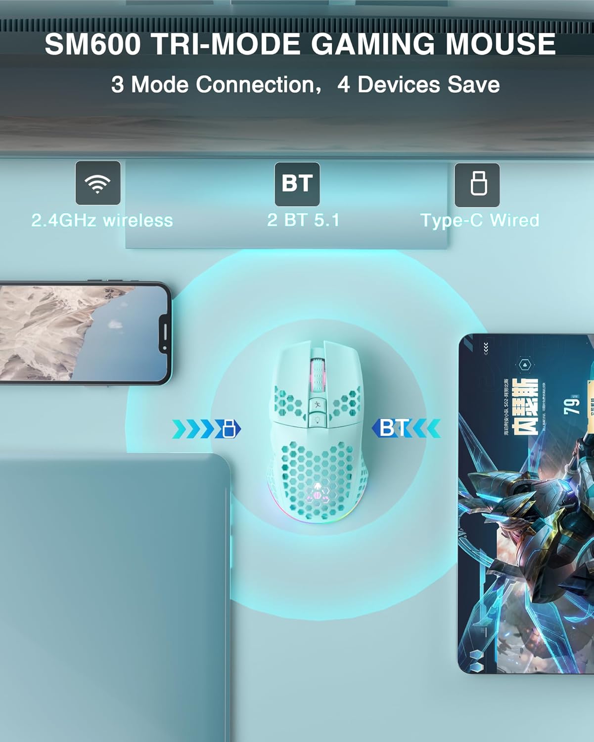 SM600 Honeycomb Shell Gaming Mouse Wireless,8000 DPI Tri-Modes BT5.1/2.4G Wireless/Type-C Wired Gamer Mouse with 2 Side Buttons, Macro Programmable and RGB Light for PC/Mac/Laptop,Green