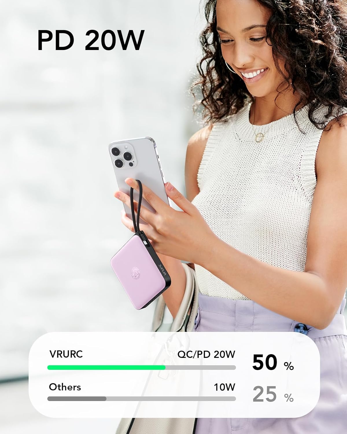 VRURC Portable Charger with Built-in Cable, 10000mAh Power Bank, 22.5W/PD20W Fast Charging USB C Battery Pack for iPhone 16 15 14 Samsung Galaxy S25 S24 S23 S22 Android Airpods, Purple(1 Pack)