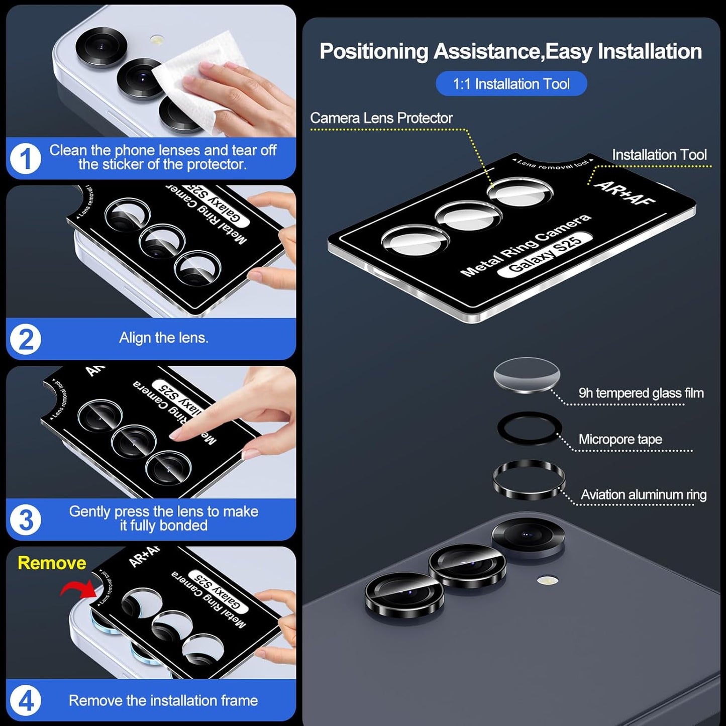 for Samsung Galaxy S25 Camera Lens Protector, Individual Metal Ring Tempered Glass Lens Cover, [Strong Adsorption] Scratch Resistant Ultra-Thin HD Clear Lens Cover, 1 Set-Black Ring