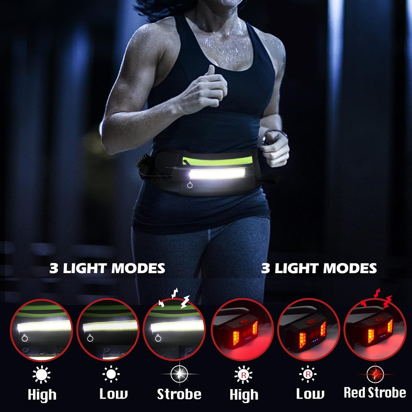 Running Light, 1000Lumens Running Belt Running Gear with 230°Rechargeable Night Running Light for Phone Waist Bag Light with Water Bottle Holder Slim Running Belt for Runners Sports Jogging Walking