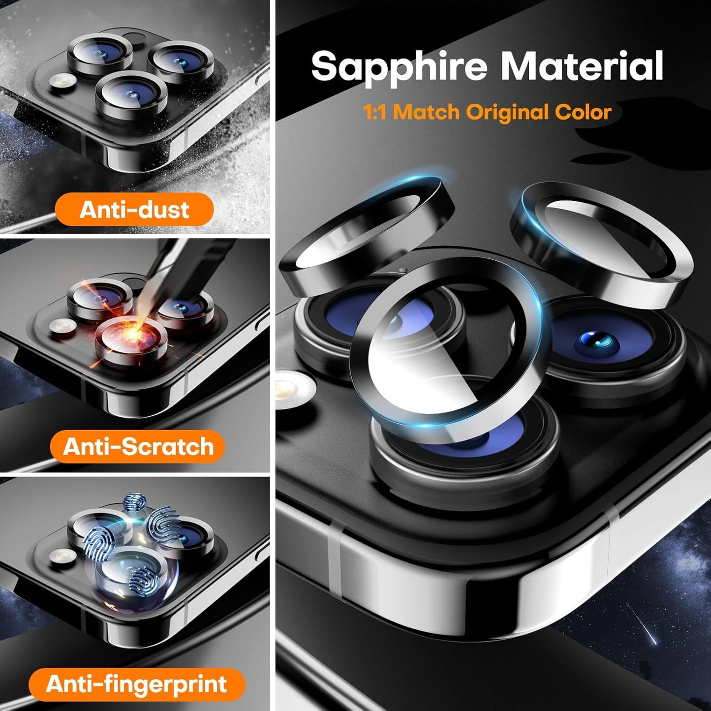 Camera Lens Protector for iPhone 16 Pro Max/16 Pro/15 Pro Max/15 Pro/14 Pro Max/14 Pro, Sapphire Glass Metal Individual Camera Cover Screen, Anti-drop, Case Friendly- Black Titanium