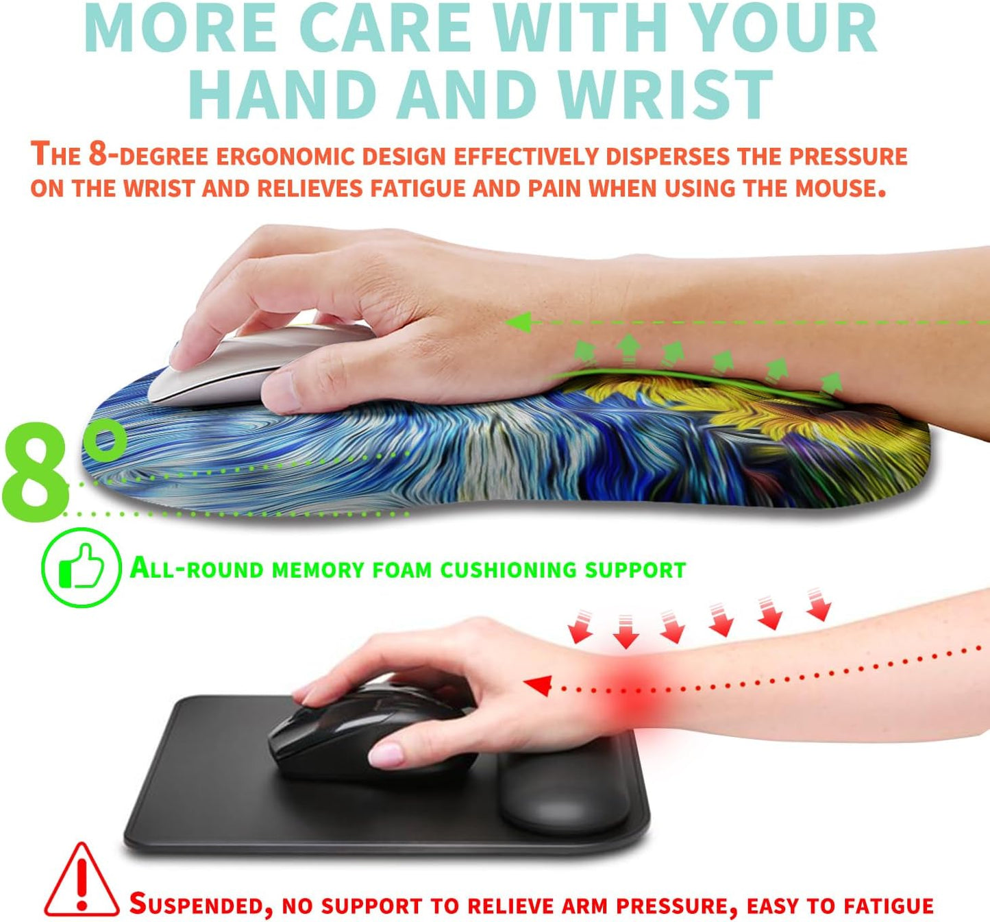 Ergonomic Mouse Pad Wrist Support with Memory Foam Massage Bulge, Carpal Tunnel Pain Relief Mousepad Wrist Rest for Mouse(12x8 inch,Sunflower)