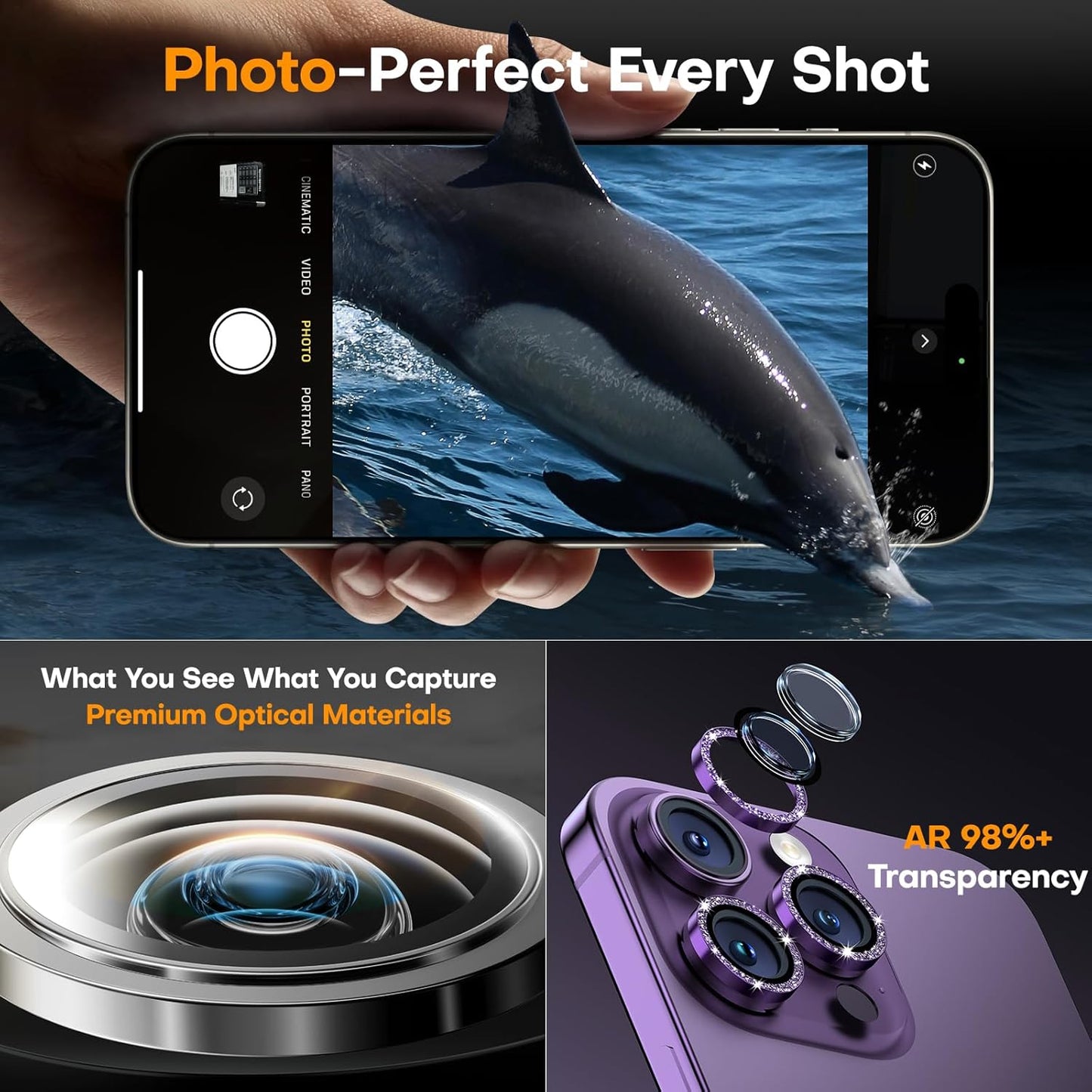 Camera Lens Protector for iPhone 16 Pro Max/16 Pro/15 Pro Max/15 Pro/14 Pro Max/14 Pro, Sapphire Glass Metal Individual Camera Cover Screen, Anti-drop, Case Friendly- Glitter Deep Purple