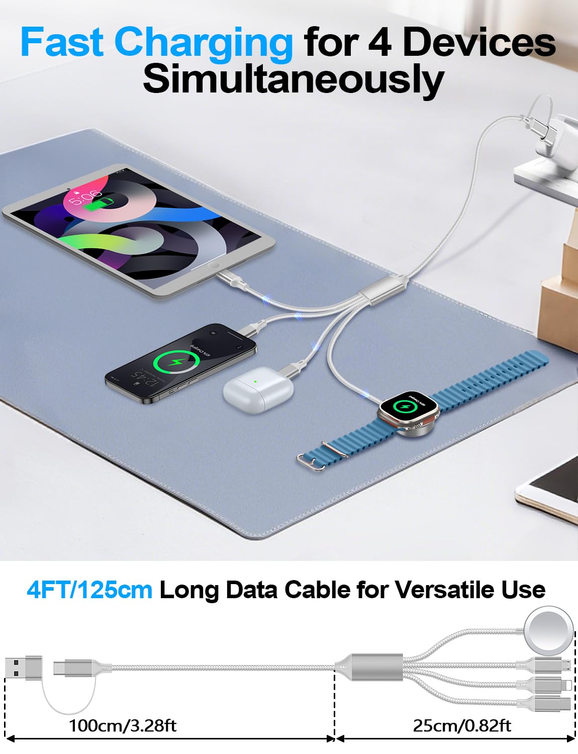 4-in-2 Multi Charging Cable for Apple Watch Charger/Samsung/iPhone Charger,Car/Office/Camping/Travel Essentials,Type C Cable Cord for iWatch Ultra/10-2/iPhone 16-11/Samsung S25-S20,iPad,airPods-White