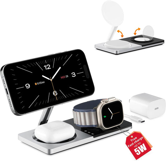 3 in 1 Wireless Charging Station for Apple Device: Fast Charging Station for iPhone and Watch with MagSafe, Foldable Charger Stand for iPhone 12-16 & iPhone 16 & iWatch & AirPods