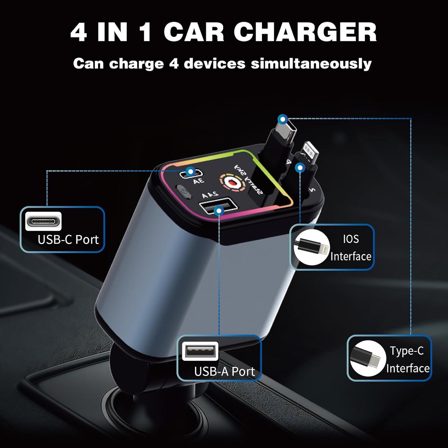Starlight Retractable Car Charger,66W Fast Car Chargers Adapter 4 in 1 with 2 USB Car Chargers for Phone iPhone 16/15/14/13/12/11 and for Android