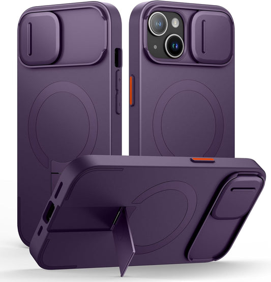SURITCH for iPhone 15 Case with Magnetic Camera Slide Cover and Adjustable Kickstand, Compatible with MagSafe, Shockproof Bumper Case Slim Protective Cover 6.1 Inch, Dark Purple
