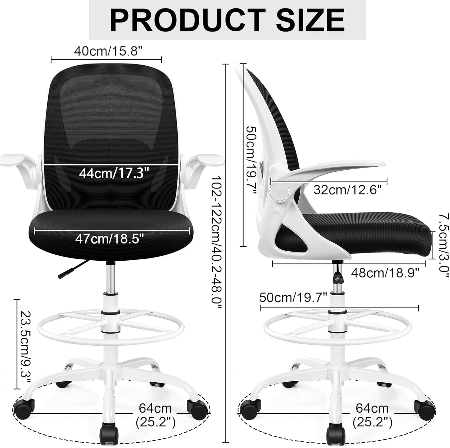 Drafting Chair Tall Office Chair with Flip-up Armrests, Adjustable Height, and Enhanced Lumbar Support - Ergonomic Rolling Stool, Back Support, and Adjustable Foot Rest Ring for Standing Desk White