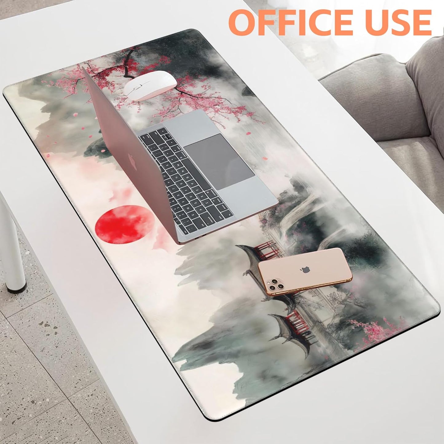 Mouse Pad Large Chinese Landscape Painting Non-Slip Game Desk Mat with Stitched Edge Laptop Keyboard Desk Pad for Work Home Gaming (35.4 x 15.7 Inches)