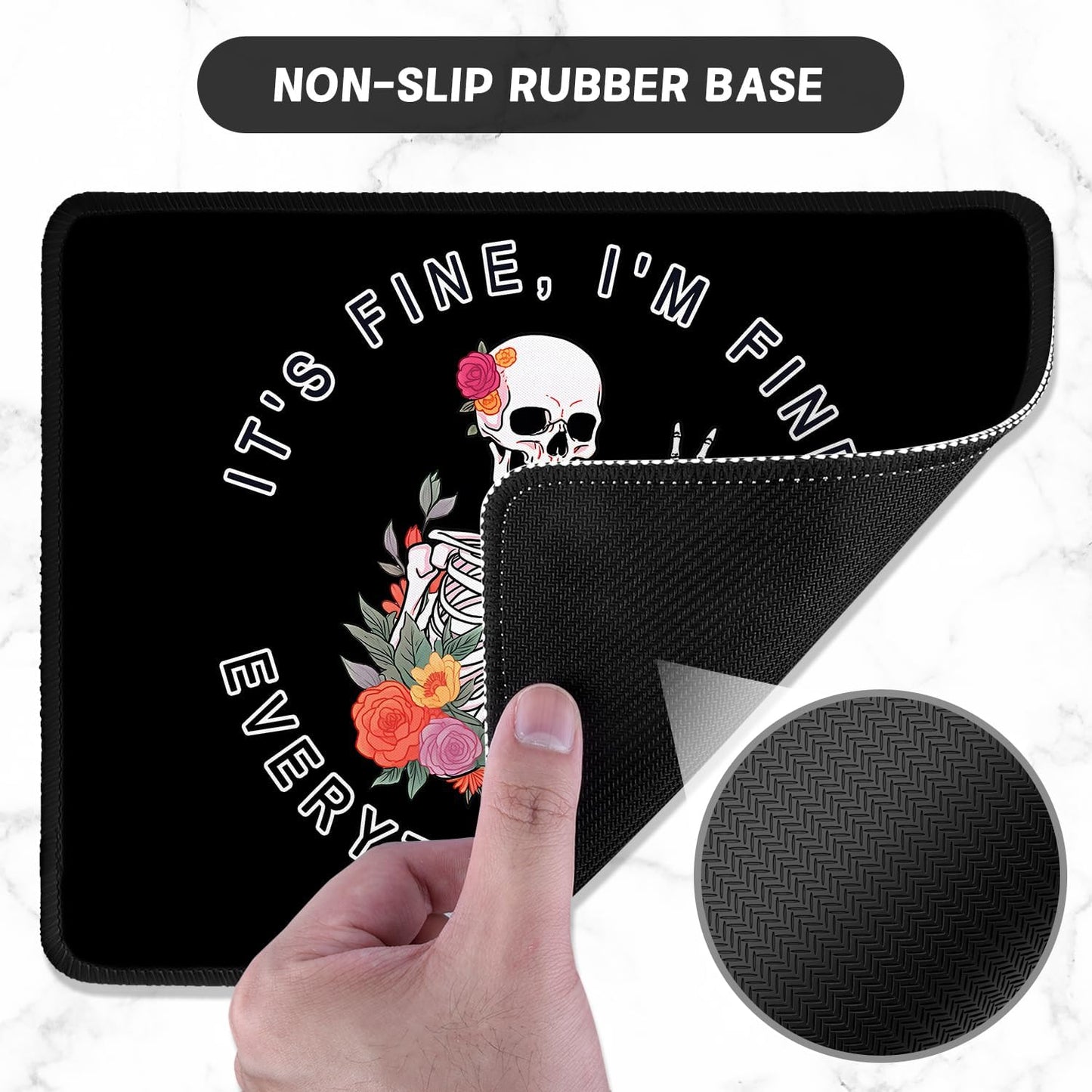 ITNRSIIET Mouse Pad with Stitched Edge Premium Textured Smooth Precise Operation Waterproof Washable Non-Slip Rubber Base Desktop Protection Mat, 10.2×8.3×0.12 inches, Flower Skull