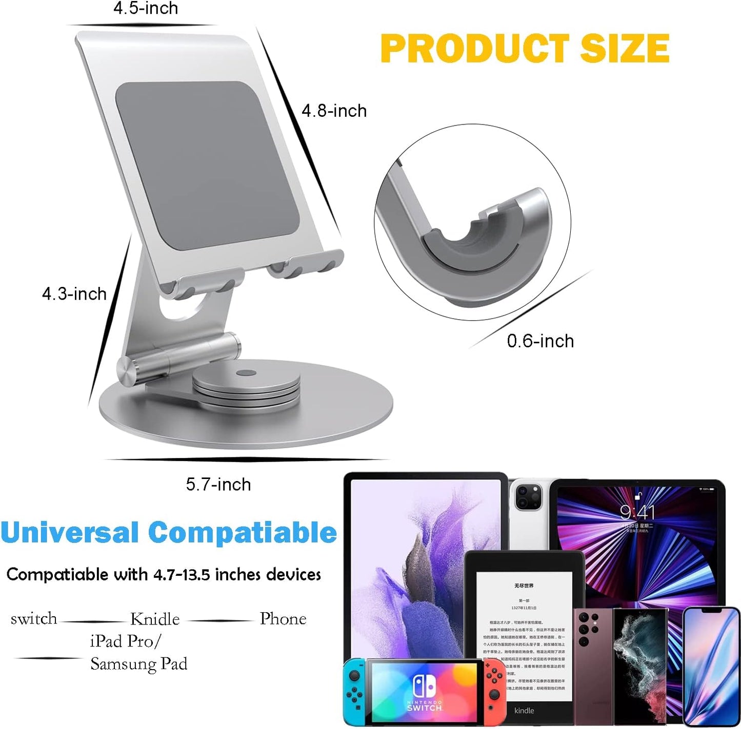 KABCON Swivel Tablet Stand, Aluminum Portable 360°Rotating Holder for Desk,Business,Kitchen,Desktop,Table Stand for iPad Pro 9.7,10.5,12.9/Air Mini,Tab,Fire,Nexus,E-Reader-Silver