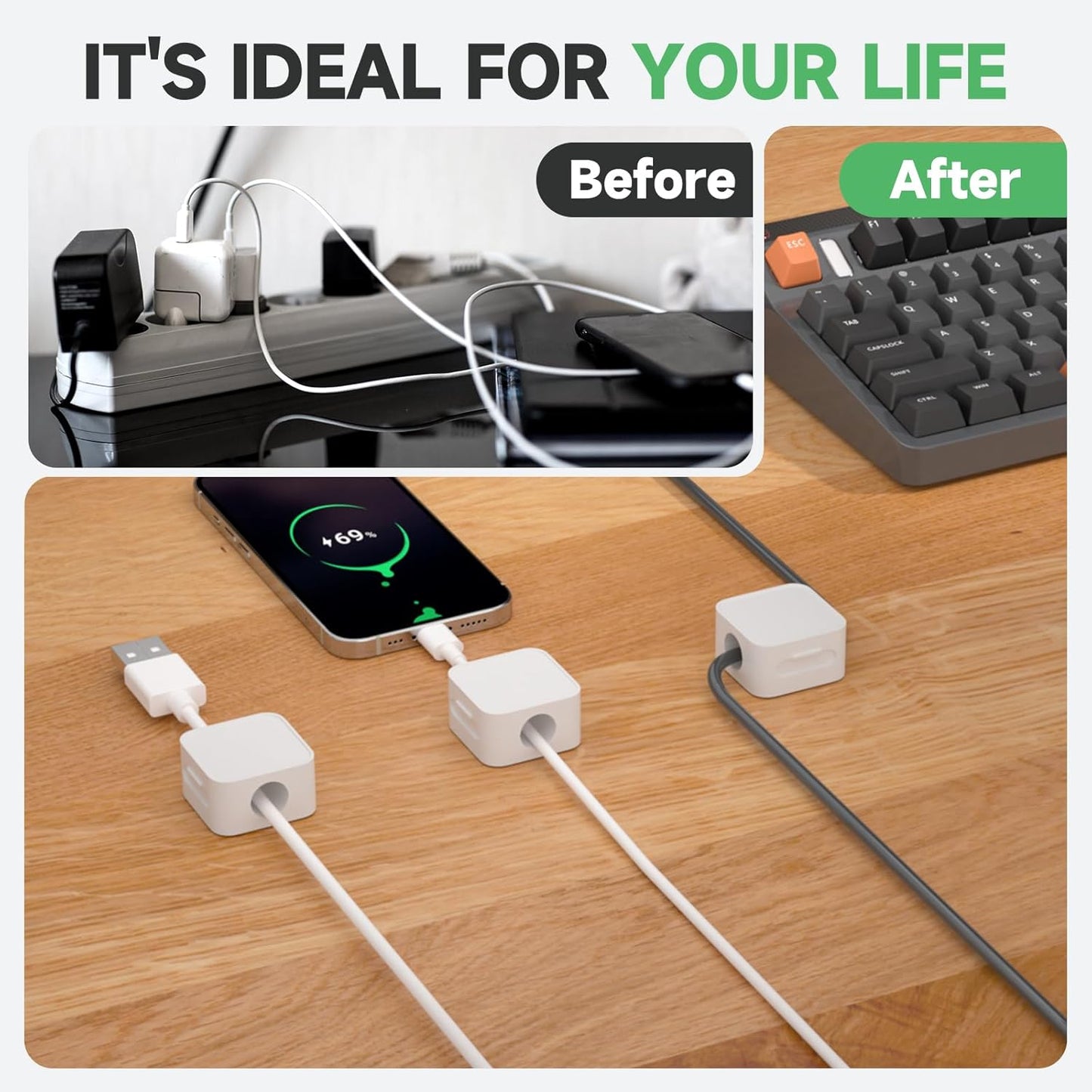 12 White Magnetic Cable Clips,Under Desk Cable Management,Cord Holder for Nightstand Home Office Car Phone Wall,2025 Adhesive Cord Organizer[0.45" in Ht Save Space/Versatile for Wire Up to 0.27" OD]