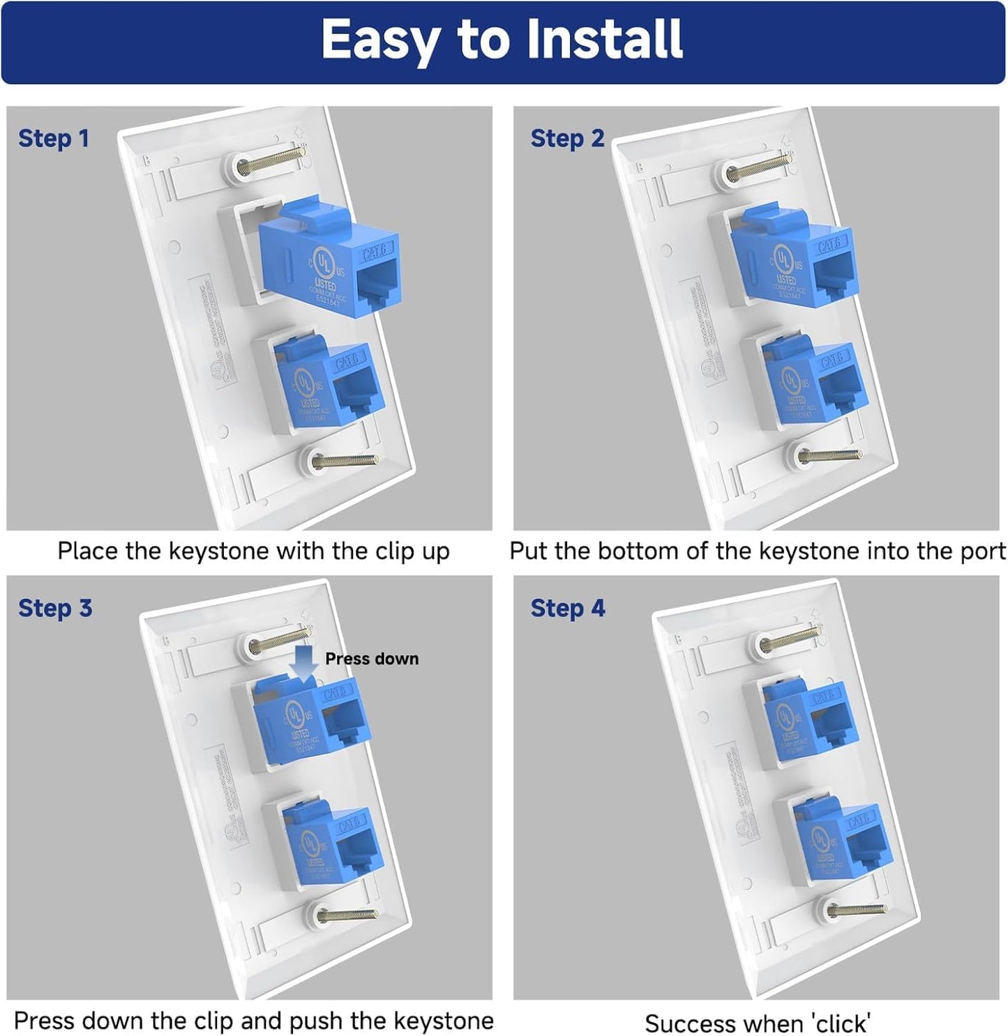 VCE 2-Port Ethernet Wall Plate (UL-Listed), CAT6 Wall Plate and Jack, RJ45 Keystone Wall Outlet with Single Gang Low Voltage Mounting Bracket, Blue 2-Pack