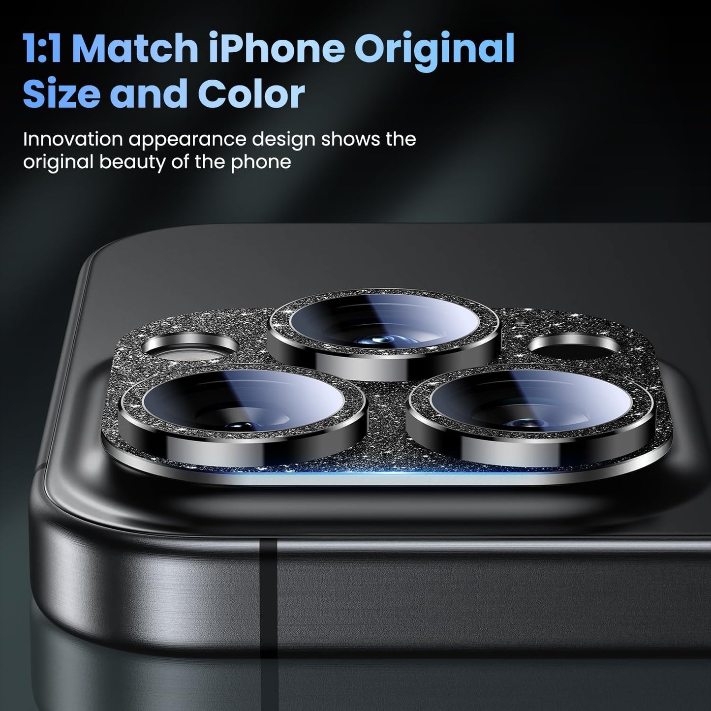 Uyiton Compatible with iPhone 16 Pro/iPhone 16 Pro Max Camera Lens Protector - [Not Easy to Break][Strong Adsorption][Case-Friendly] Metal Tempered Glass Rear Camera Screen Cover - Glitter Black