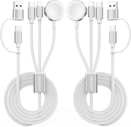 2Pack White-Travel Essentials 3 in 2 USB C Cable for Watch Charger Phone Charger USB C Multi Fast Charging Cable Compatible with Watch Ultra/SE/10/9/8/7/6/5/4/3/2/1 & Phone 16/15/14/Galaxy S23-4FT