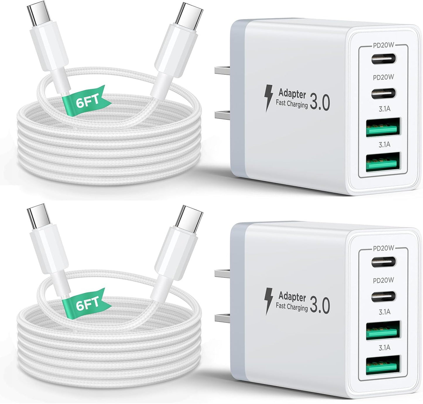 40W USB C Charger Block, 2Pack 4-Ports Type C Fast Phone Charging Cube with 6FT USBC to USBC Cord, Multiport Wall Plug Power Brick Box Compatible with iPhone, Samsung, iPad Pro, Cellphones Charger