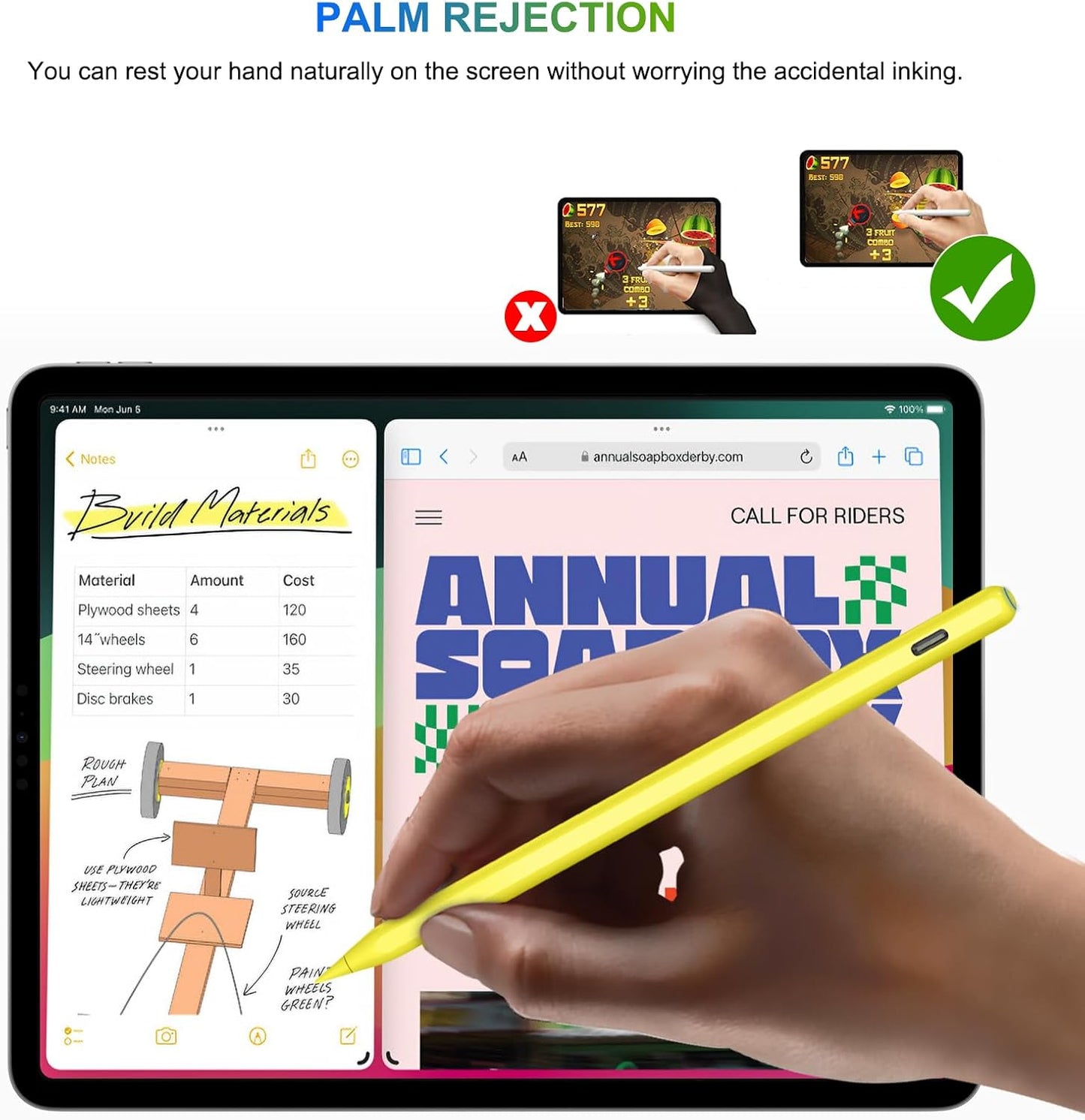 Pencil 2nd Generation Wireless Charging, HATOKU Pencil for iPad with Tilt & Palm Rejection, Magnetic Stylus Pen for ipad Air M3/3/4/5, iPad mini 5/6, ipad 6/7/8/9/10/11 Gen, ipad Pro 11/12.9 (Yellow)