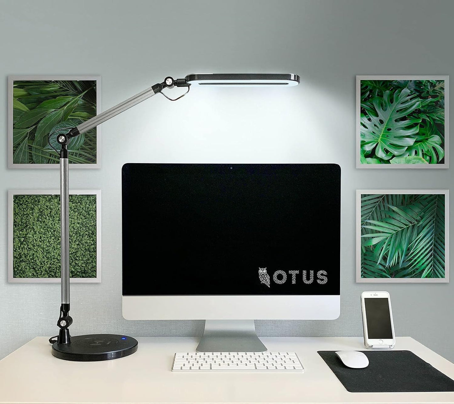 OTUS LED Desk Lamp for Home Office with Wireless Charger | 3 Color & 12 Dimmable Levels | Tall Architect Desk Lamp Adjustable Swing Arm | Eye-Care Task Table Lamp for Reading, Study & Video Calls