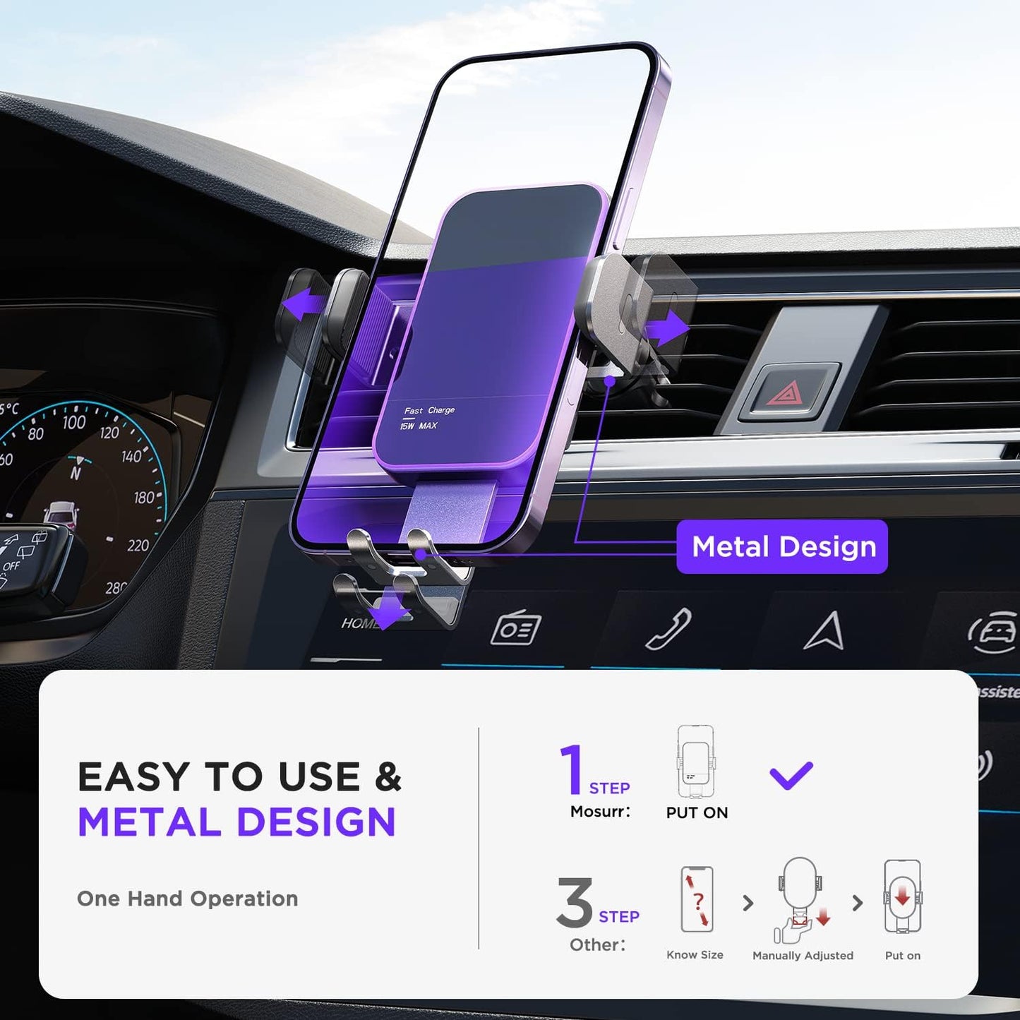 Wireless Car Charger,【7 Colored RGB Backlit】 Mosurr 15W Auto Clamping Phone Holders for Your car fit for iPhone 16 15 14 Mini Pro Max, Samsung Galaxy S25 Ultra S24 S23+, etc, Fathers Day for Gifts