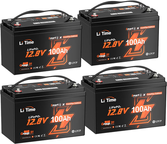 LiTime 12V 100Ah LiFePO4 Group 31 Battery, Compatible with Victron, Built-in 100A BMS & Bluetooth, Low-Temperature Protection, CAN/RS485 Communication, Ideal for Trolling Motors, Marine, RV (4Pack)