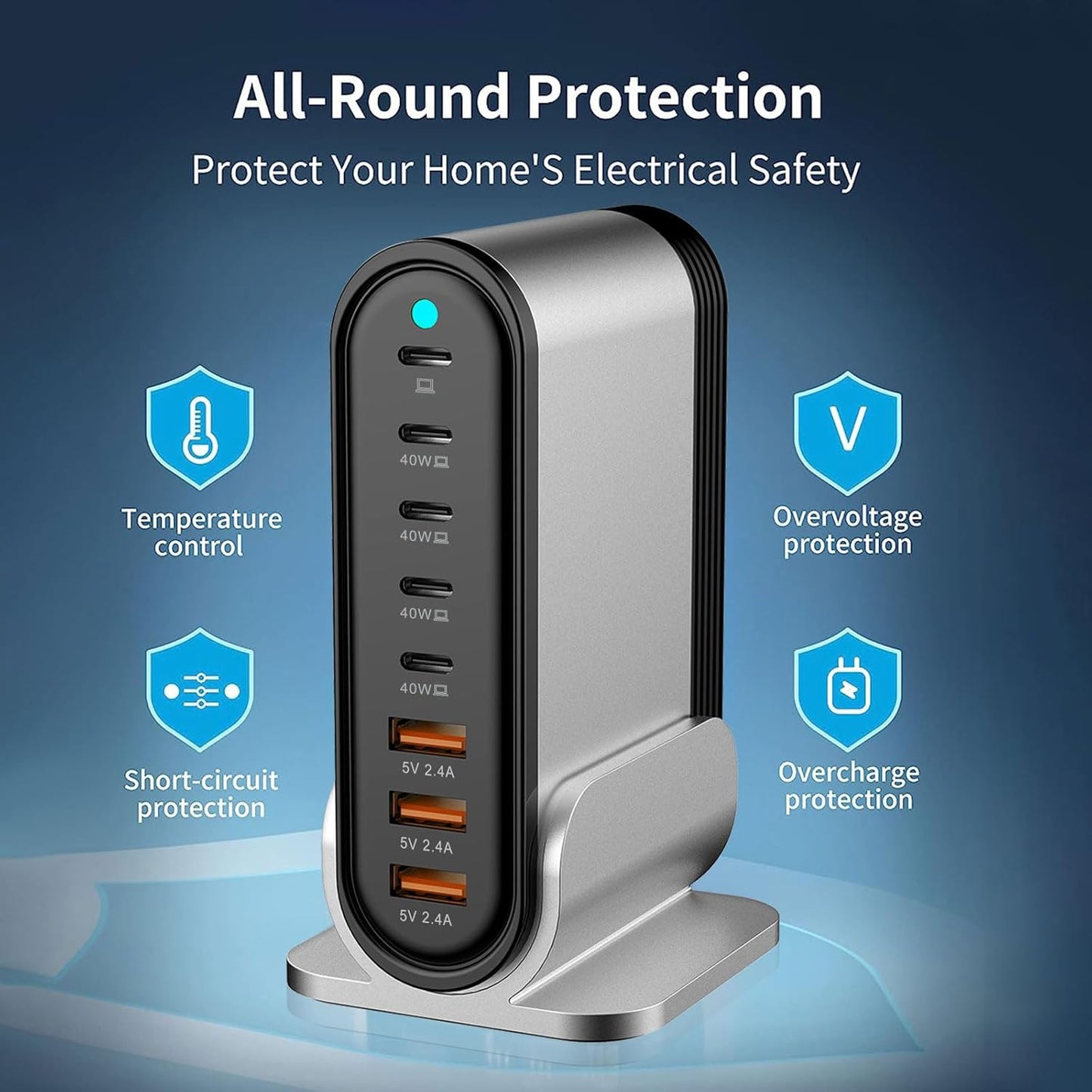 USB C Fast Charger : Fast Charging Station : 285W-8 Port Desktop Multiple Devices Power Adapter for Laptop MacBook Pro/Air, DELL, Tablet iPad Pro/Air, iPhone 16/15/14, Galaxy S23/22