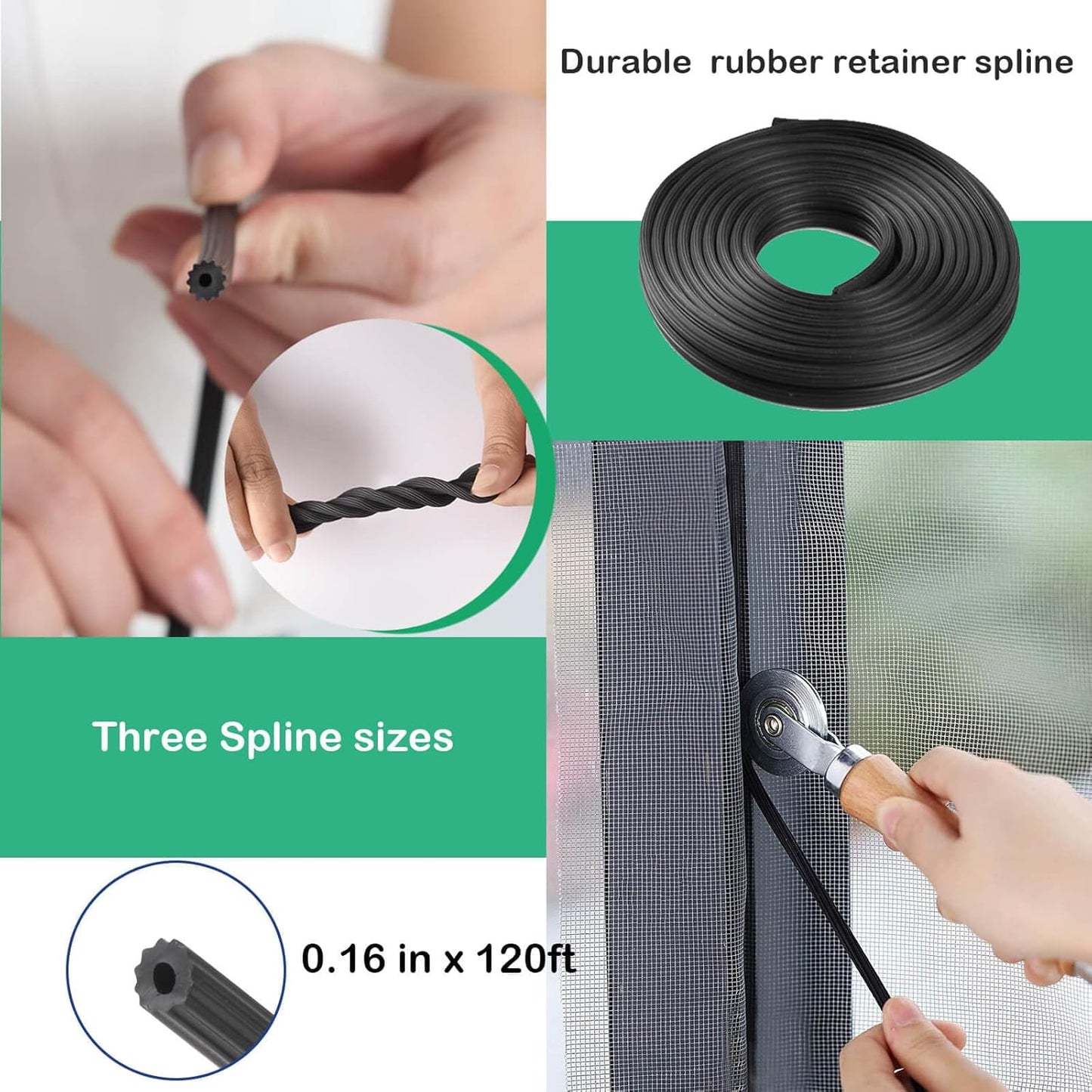Window Screen Spline, 0.16" x 120ft Screen Retainer Spline for Window Screen Replacement, Black, Tooltriz