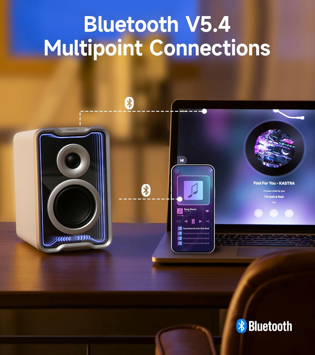 Edifier QR30 2.0 Desktop Active Speaker, Compact Bluetooth V5.4 Computer Speakers, Wireless Bookshelf Speaker, 30W (RMS), 3.5mm AUX & USB-A Wired Input, Dynamic Light Effects, App Control, White