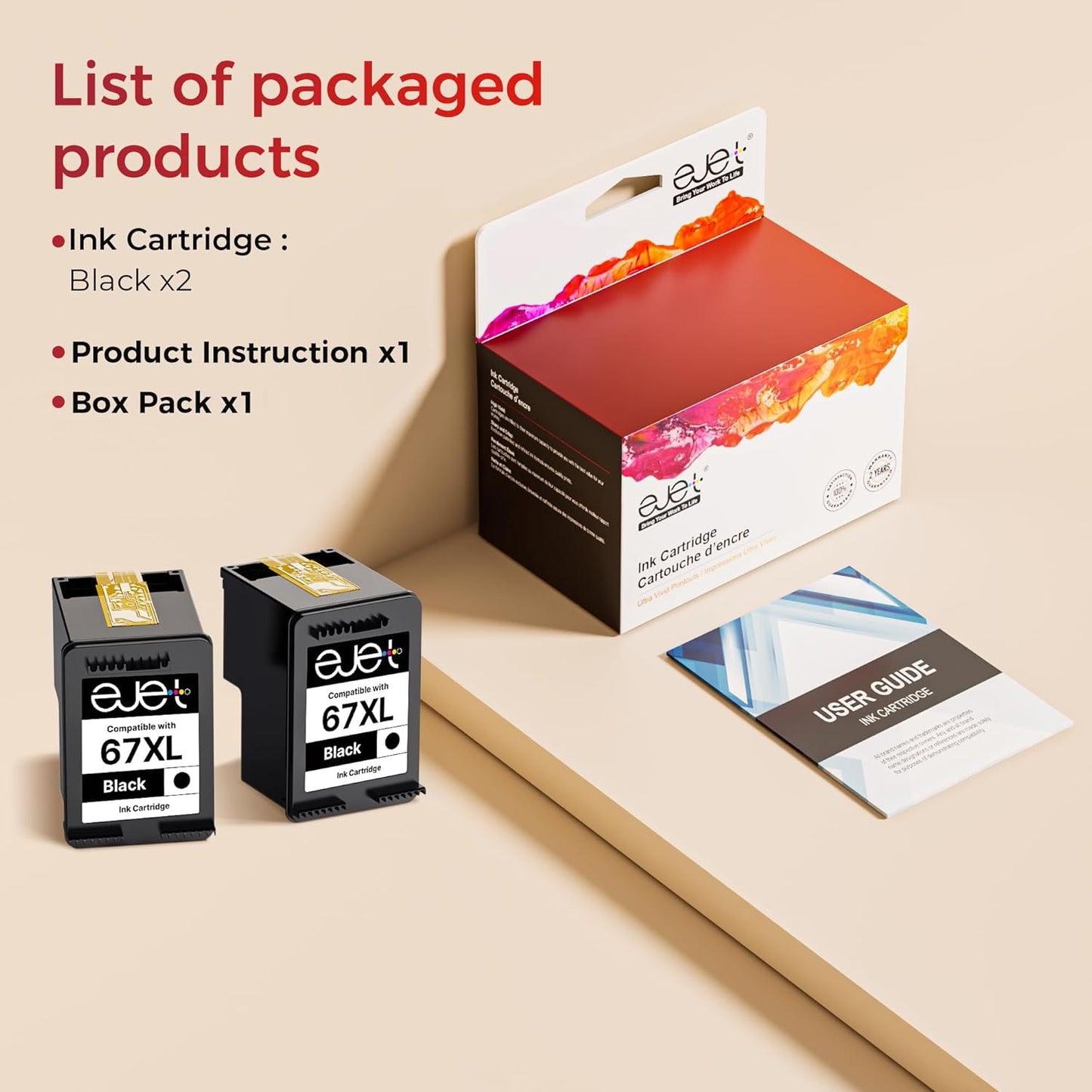 67XL Ink Cartridge (2-Black) Compatible for HP Ink 67 for HP 67XL Black Ink Cartridge High Yield for Deskjet 2700 2700e 2755e 2855e 2800e 2852e 2827e 4100e 4155e 4255e Envy 6000 6055e 6455e Series