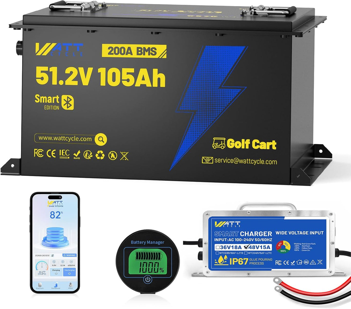 48V(51.2V) 105Ah LiFePO4 Lithium Golf Cart Battery with 48Volt 15A Charger Built-in 200A BMS & Bluetooth, Range of 70 Miles 600A Peak Current for Golf Cart Deep Cycles Batteries Kit