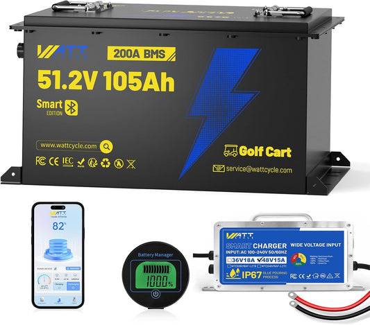 48V(51.2V) 105Ah LiFePO4 Lithium Golf Cart Battery with 48Volt 15A Charger Built-in 200A BMS & Bluetooth, Range of 70 Miles 600A Peak Current for Golf Cart Deep Cycles Batteries Kit