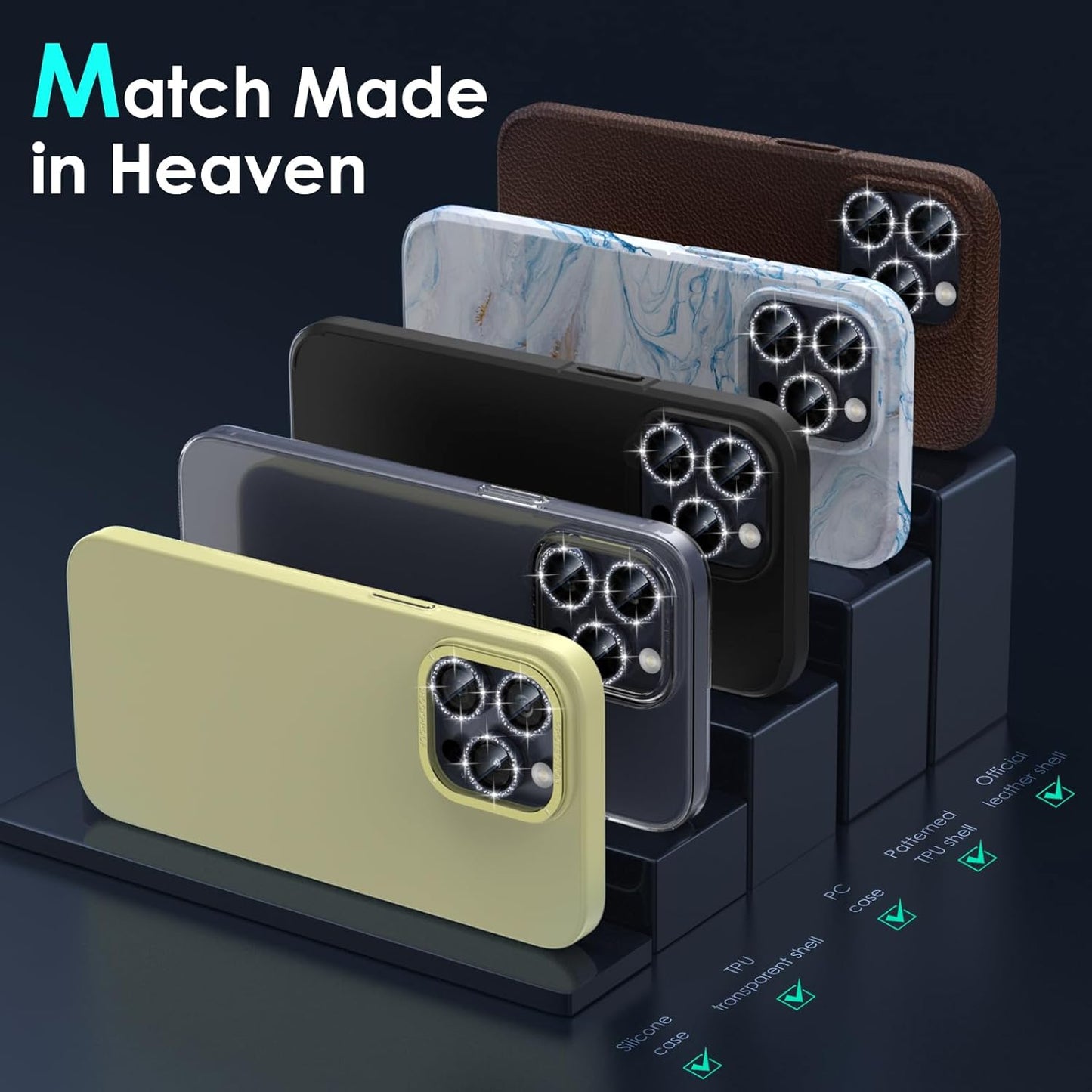 YWXTW Designed for iPhone 15 Pro/iPhone 15 Pro Max Camera Lens Protector Bling, [New Glitter Design] Individual Metal Tempered Glass Camera Cover Accessories Case Friendly (Blue Titanium Glitter)