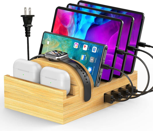 Bamboo Charging Station for Multiple Devices, Alltripal Wood Desktop Docking Station 7-Port Multi-Charger Organizer Fast USB Charger Compatible with iPhone, iPad, AirPods, iWatch, Cell Phone, Tablet