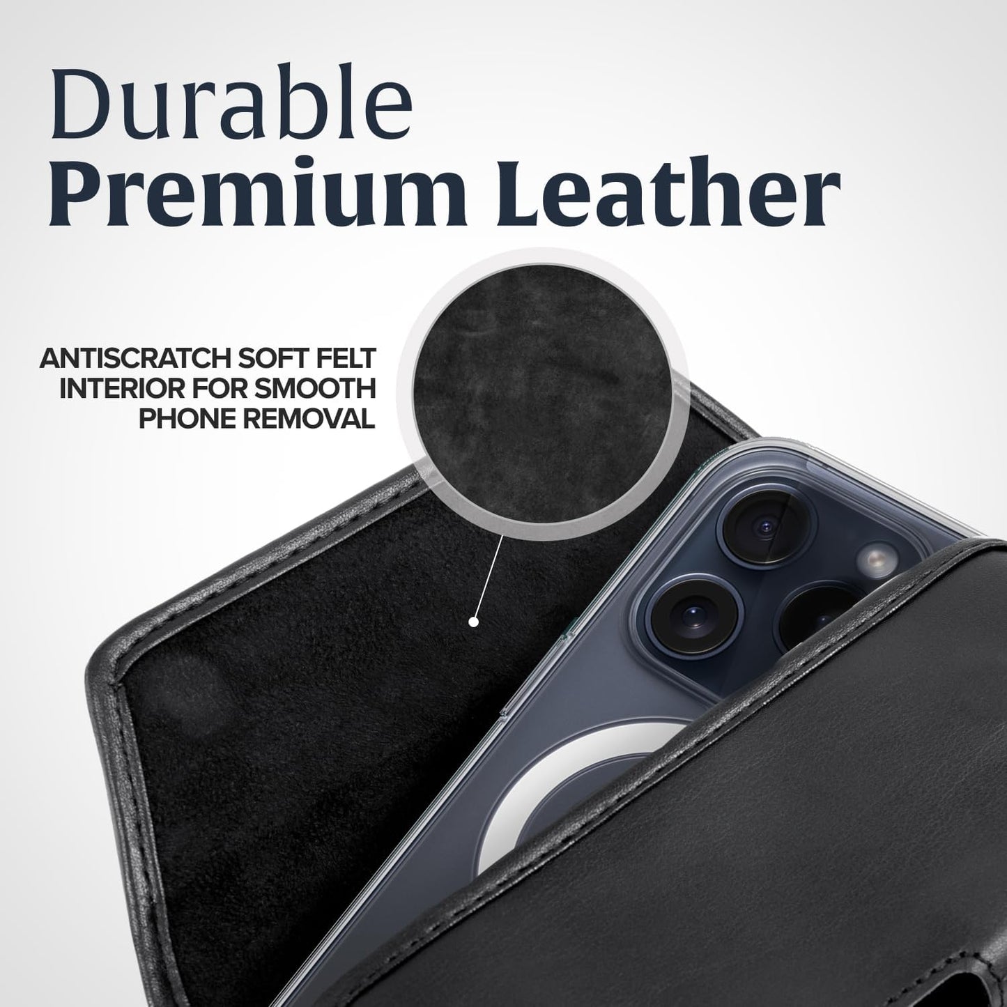 Turtleback Belt Holder for iPhone 16 Pro, 16e, 15 pro 14 Pro 13 Pro -Small- Fits w/Slim MagSafe Style Cases, Premium Black Leather Horiz. Belt Holster, Magnetic Closure, Leather Wrapped Belt Clip