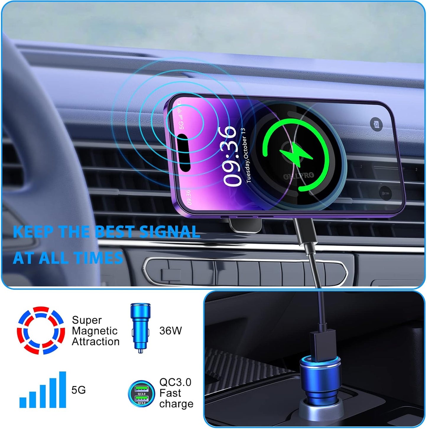 OHLPRO for iPhone16 Magsafe Car Mount Charger, 15W Fast Charging Dashboard Magnetic Car Phone Holder - Vent Clip and 3M Adhesive Base Never Block Air for iPhone 15/14/13/12 Series Magsafe Case, Blue