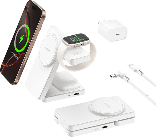 3 in 1 Charging Station for iPhone 16/15/14/13/12 Series, Wireless Charger for Apple Watch，Travel Magnetic Charging Stand for AirPods (White)