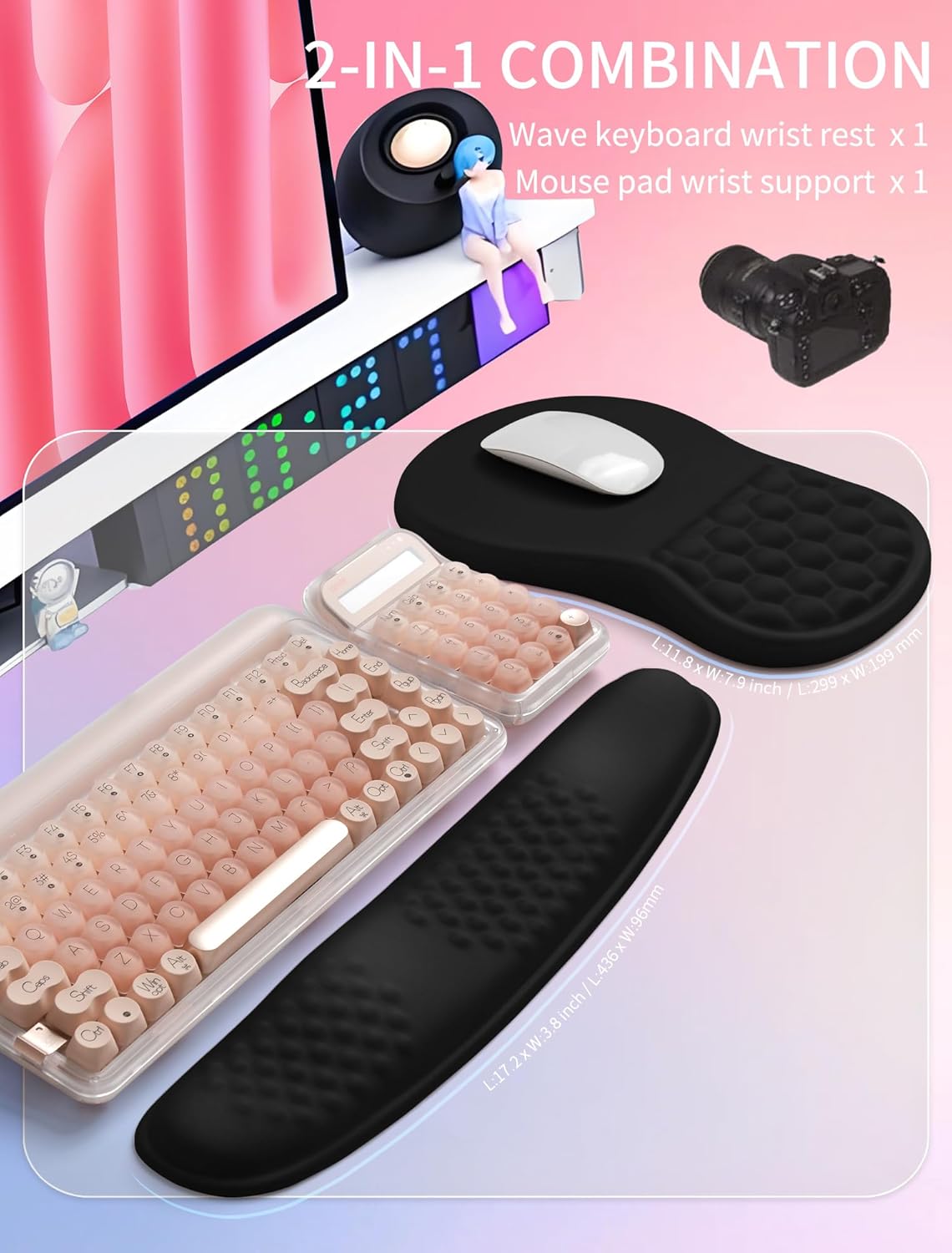 Hokafenle 2in1 Combination, Wave Keyboard Wrist Rest and Ergonomic Curvature Mouse Pad Wrist Support for Relieve Wrist Pain, Filled with Soft Cushion Memory Foam, Black